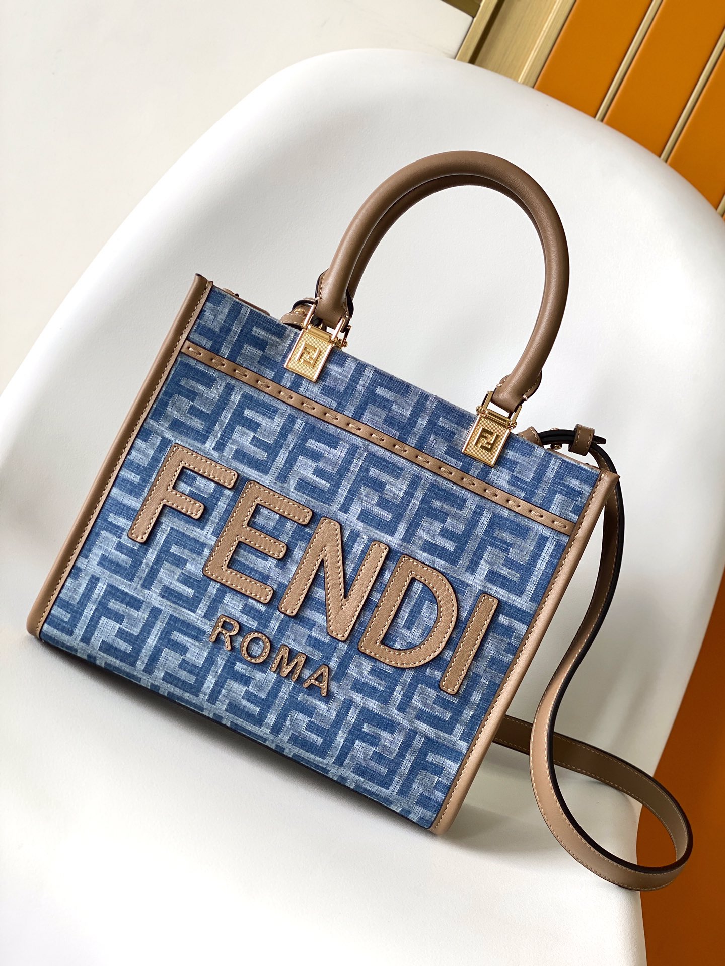 Fendi Small Sunshine Shopper Light Blue FF Jacquard Fabric Bag